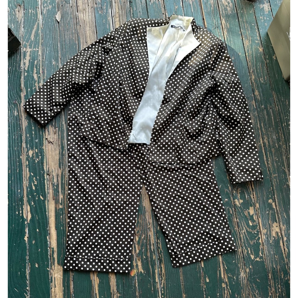 Scott Taylor Brown Polka Dot 2 Piece Pant Suit Blazer Cropped Trousers Size 16